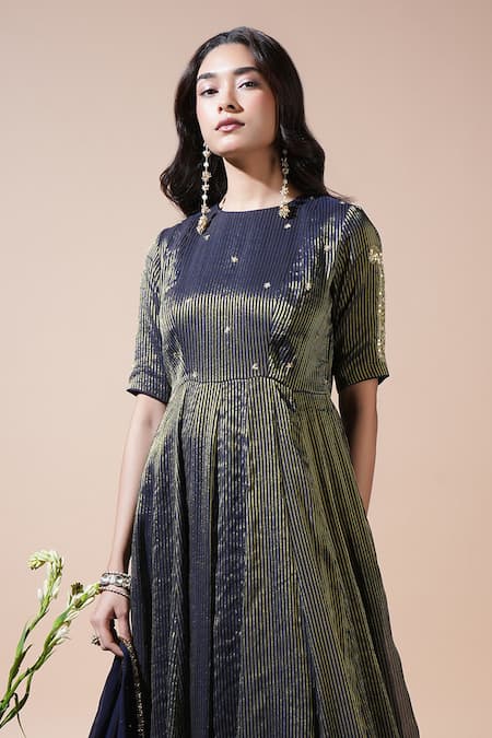 Buy_Komal Shah_Navy Tissue, Shantoon, Georgette Embroidery, Keri Hand Stripe Anarkali Set _Online_at_Aza_Fashions