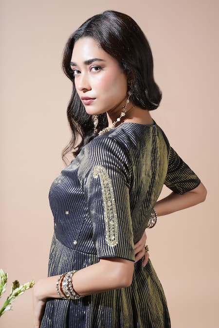 Shop_Komal Shah_Navy Tissue, Shantoon, Georgette Embroidery, Keri Hand Stripe Anarkali Set _Online_at_Aza_Fashions