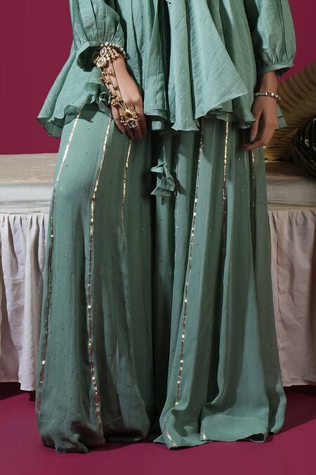 Komal Shah Green Chanderi, Georgette, Shantoon Badla Mukeish Peplum Top And Palazzo Set Online at Aza Fashions Komal Shah_Green Chanderi, Georgette, Shantoon Badla Mukeish Peplum Top And Palazzo Set _Online_at_Aza_Fashions