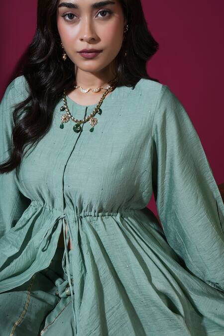 Shop Komal Shah Green Chanderi, Georgette, Shantoon Badla Mukeish Peplum Top And Palazzo Set Online at Aza Fashions Shop_Komal Shah_Green Chanderi, Georgette, Shantoon Badla Mukeish Peplum Top And Palazzo Set _Online_at_Aza_Fashions