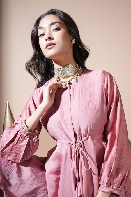 Buy_Komal Shah_Rose Gold Chanderi, Georgette, Shantoon Badla Mukeish Peplum Top And Palazzo Set _Online_at_Aza_Fashions