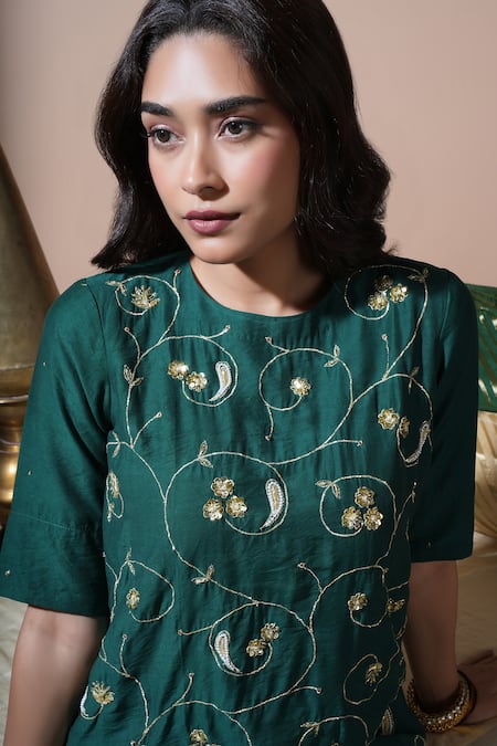 Buy Komal Shah Green Chanderi, Shantoon, Georgette Floral Jaal Hand Kurta Garara Set Online at Aza Fashions Buy_Komal Shah_Green Chanderi, Shantoon, Georgette Floral Jaal Hand Kurta Garara Set _Online_at_Aza_Fashions