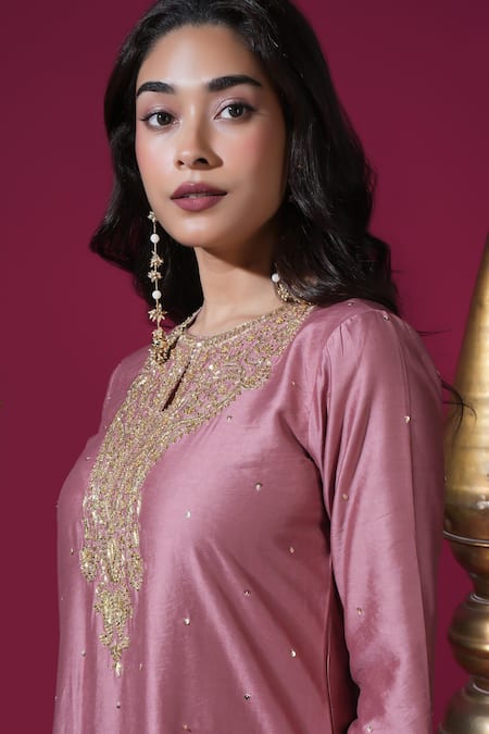 Komal Shah_Rose Gold Chanderi, Tissue, Silk Embroidery, Hand Kaftan Kurta Set With Lumpi _Online_at_Aza_Fashions