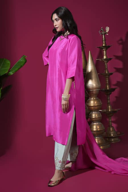 Komal Shah_Pink Dupion, Chanderi, Organza Embroidery Round Neck Straight Kurta Set _Online_at_Aza_Fashions