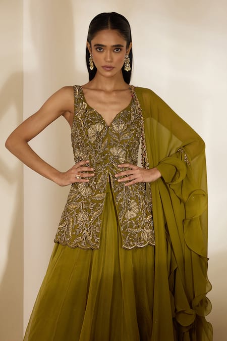 Shloka Khialani_Olive Green Organza, Georgette Embroidery, Eva Floral Hand Peplum Lehenga Set _Online_at_Aza_Fashions