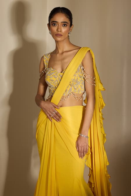 Shloka Khialani_Yellow Net, Georgette, Satin Jolie Floral Embellished Corset And Fishtail Saree _Online_at_Aza_Fashions