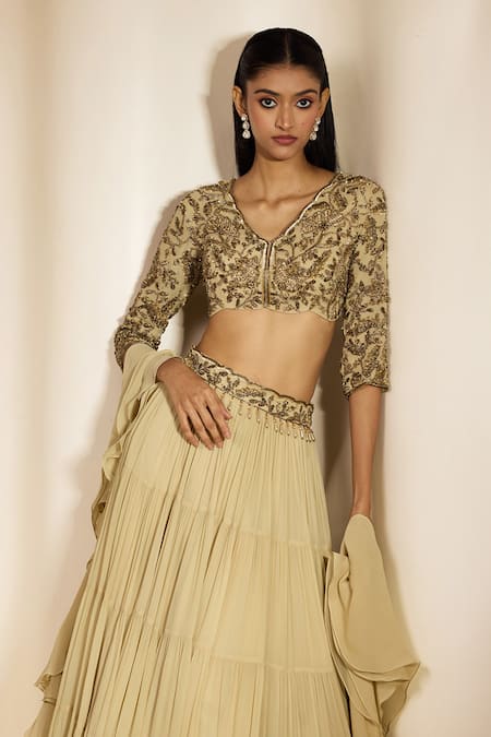 Shloka Khialani_Cream Georgette, Net Embroidery, Pearls, Araha Tiered Lehenga Set With Dupatta _Online_at_Aza_Fashions