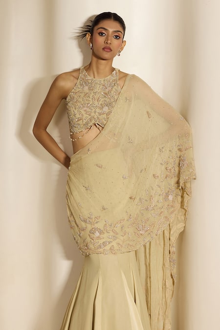 Shloka Khialani_Cream Georgette, Satin, Net Embroidery, Celine Floral Pre-draped Saree And Blouse _Online_at_Aza_Fashions