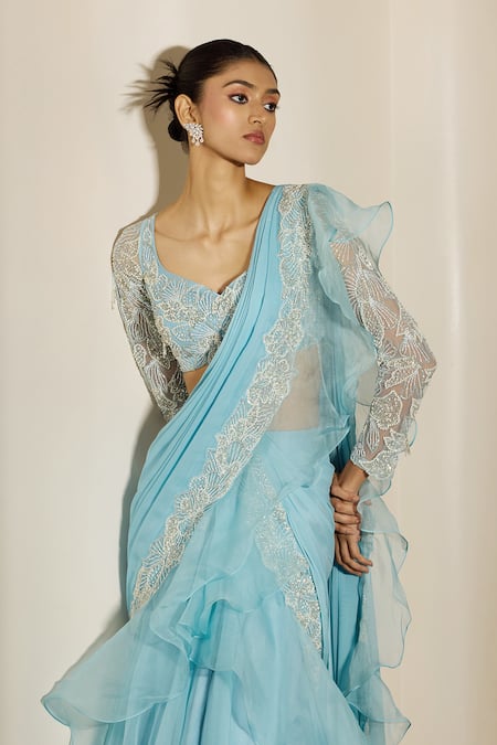 Shloka Khialani_Sky Blue Organza, Georgette, Tulle Embroidery, Khloe Pre-draped Saree And Blouse _Online_at_Aza_Fashions