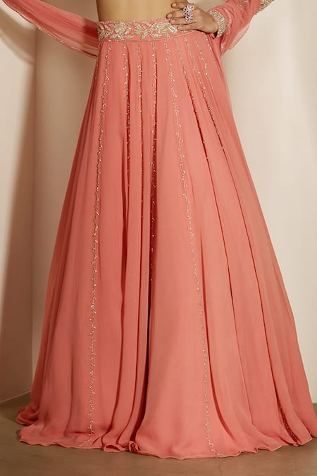 Shloka Khialani_Peach Georgette, Net Embroidery, Pearls Alyza Leaf Line Floral Lehenga Set _Online_at_Aza_Fashions