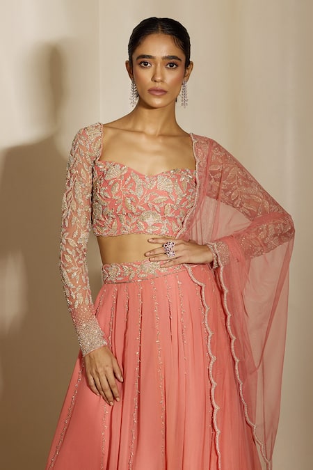 Buy_Shloka Khialani_Peach Georgette, Net Embroidery, Pearls Alyza Leaf Line Floral Lehenga Set _Online_at_Aza_Fashions