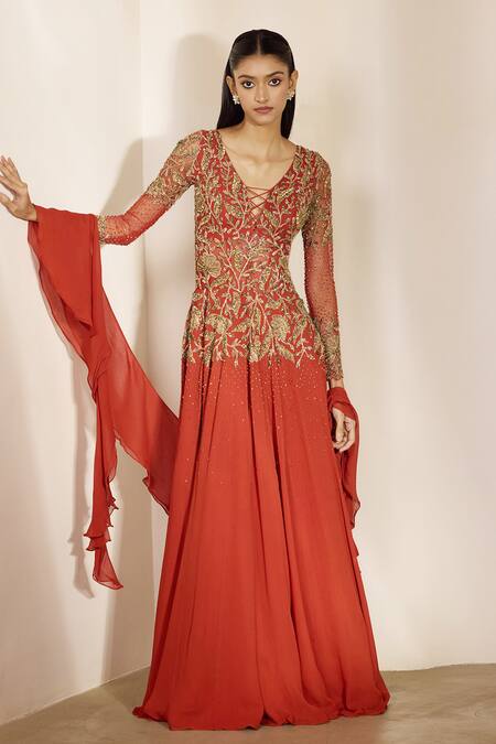 Shloka Khialani_Red Georgette, Net Embroidery, Stones, Beads, Emma Floral Anarkali And Dupatta _Online_at_Aza_Fashions