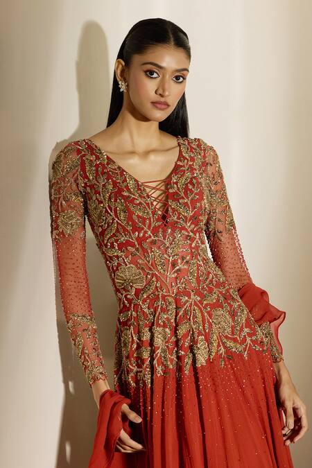 Buy_Shloka Khialani_Red Georgette, Net Embroidery, Stones, Beads, Emma Floral Anarkali And Dupatta _Online_at_Aza_Fashions