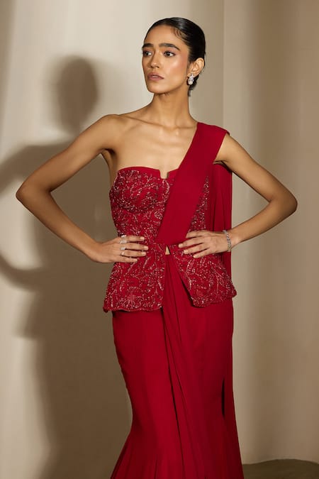Shloka Khialani_Red Crepe, Net Embroidery Harper Peplum Corset Top And Fishtail Lehenga Saree _Online_at_Aza_Fashions