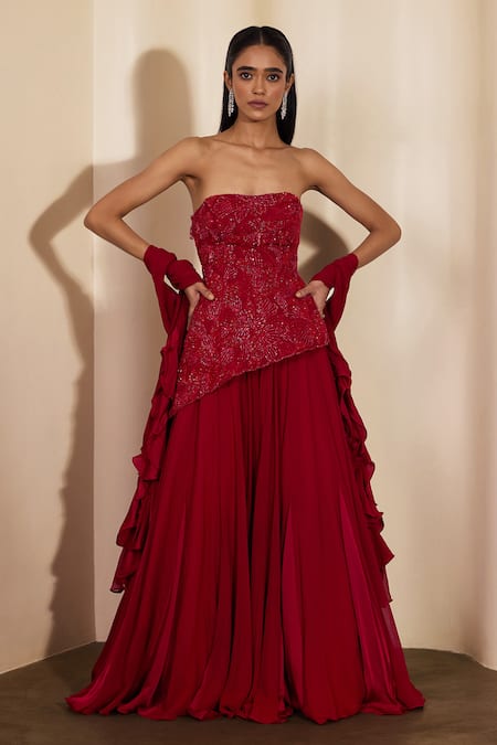 Shloka Khialani Zee Abstract Floral Embellished Lehenga Tube Top & Ruffle Dupatta 