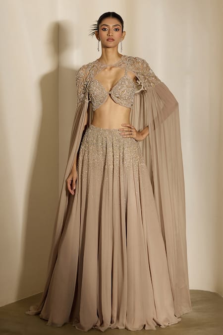Shloka Khialani Zaria Self & Silver Embroidered Lehenga Corset & Cape 