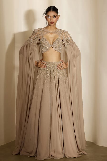 Shloka Khialani Zaria Self & Silver Embroidered Lehenga Corset & Cape 