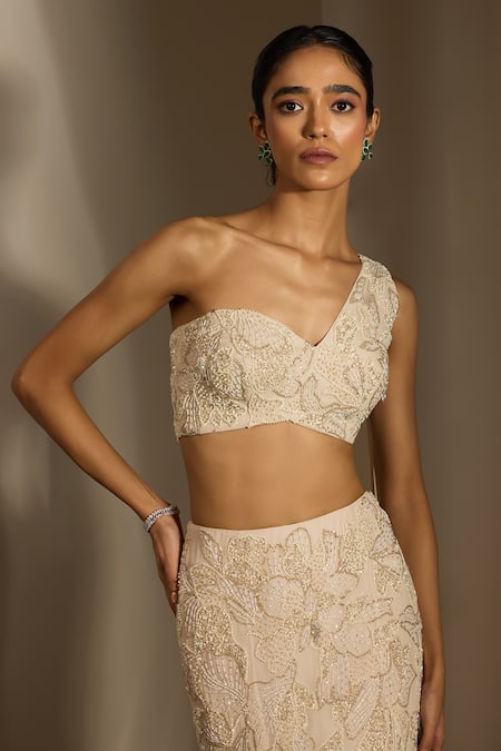 Buy_Shloka Khialani_Off White Georgette, Este Abstract Floral Embellished Blouse And Fishtail Skirt _Online_at_Aza_Fashions