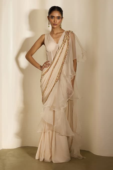 Shloka Khialani Clara Corset Netted Saree Gown With Tassel Embroidery 