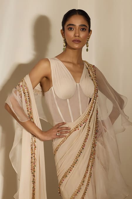 Shloka Khialani_Off White Georgette, Net, Organza Clara Corset Netted Saree Gown With _Online_at_Aza_Fashions