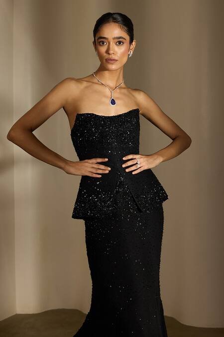 Buy_Shloka Khialani_Black Georgette, Net Kelly Hand Embellished Peplum Tube Top And Fishtail Skirt _Online_at_Aza_Fashions