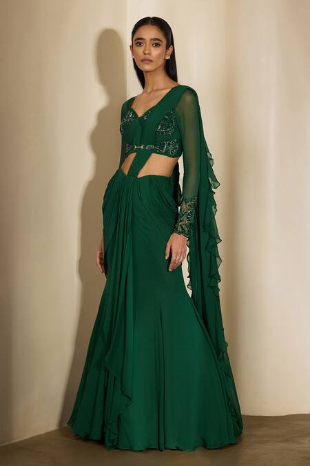 Buy_Shloka Khialani_Emerald Green Georgette, Net Maha Fishtail Pre-draped Saree And Corset Blouse _Online_at_Aza_Fashions
