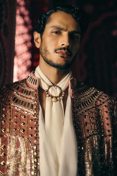 Papa Dont Preach_Pink Velvet, Satin, Regal Embellish Hand Embroidered Jacket Shirt And Pant _Online_at_Aza_Fashions