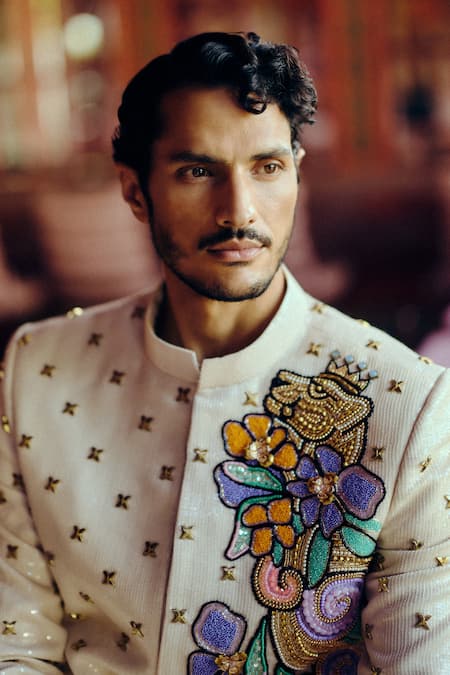 Papa Dont Preach_Beige Suiting Sequins, Embroidery Bloom Hand Jacket And Pant Set _Online_at_Aza_Fashions