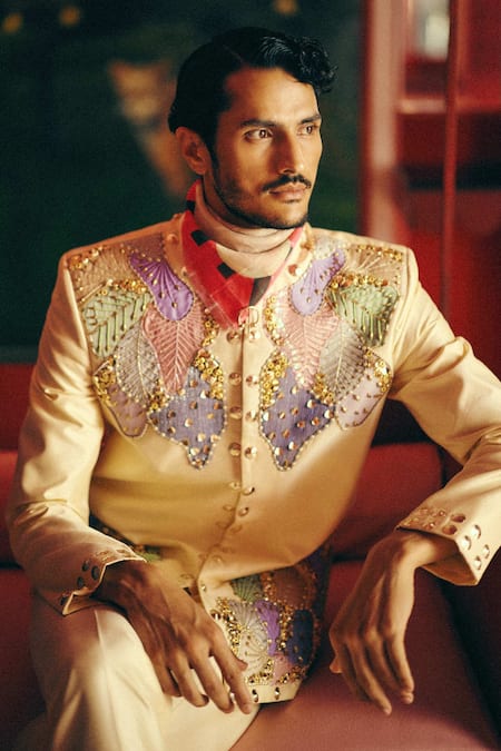 Papa Dont Preach_Yellow Silk Embroidery, Beads, Pastel Majesty Hand Feather Motif Jacket And Pant _Online_at_Aza_Fashions