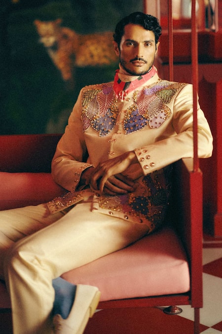 Papa Dont Preach Pastel Majesty Hand Embroidered Feather Motif Jacket & Pant 