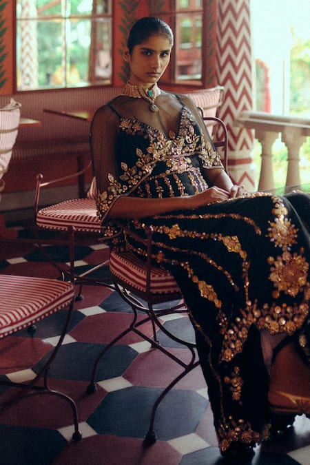 Papa Dont Preach Haloed In Gold Hand Embroidered Jumpsuit With Belt & Cape 