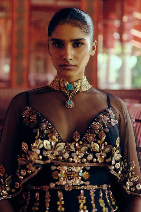 Papa Dont Preach_Black Silk Embroidery, Sequins, Haloed In Gold Hand Jumpsuit With Belt And Cape _Online_at_Aza_Fashions