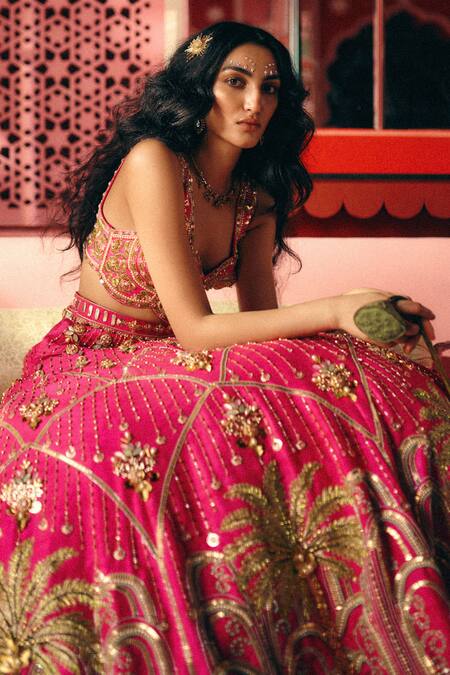 Buy_Papa Dont Preach_Pink Silk Embroidery, Sequins, The Fifth Star Hand Motif Lehenga And Blouse Set _Online_at_Aza_Fashions