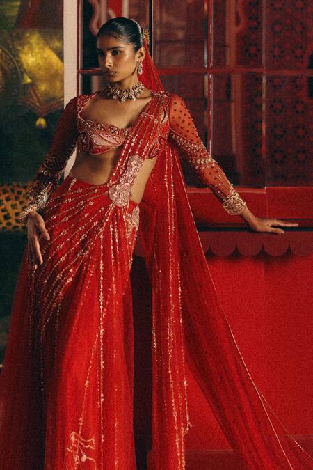 Papa Dont Preach_Red Tulle Sequins, Embroidery, Lunar Hand Pre-draped Saree Blouse And _Online_at_Aza_Fashions