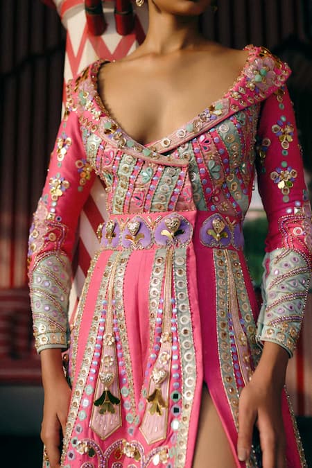 Papa Dont Preach_Pink Silk Embroidery, Mirrors, Stones V-neck Aurora Kiss Hand Raw Jacket _Online_at_Aza_Fashions