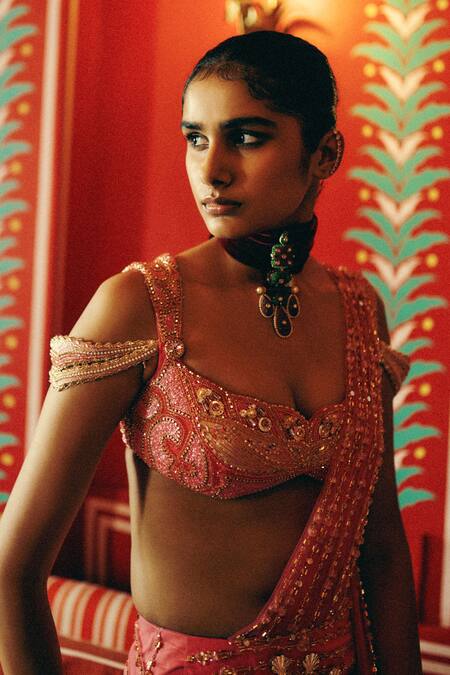 Papa Dont Preach Pink Tulle Sequins, Stones, Beads, Moonchild Majesty Pre-draped Saree And Blouse Online at Aza Fashions Papa Dont Preach_Pink Tulle Sequins, Stones, Beads, Moonchild Majesty Pre-draped Saree And Blouse _Online_at_Aza_Fashions