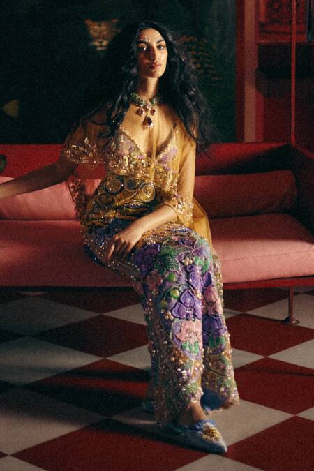 Papa Dont Preach_Multi Color Tulle Embroidery, Beads, She Wore The Universe Hand Gown And Cape _Online_at_Aza_Fashions