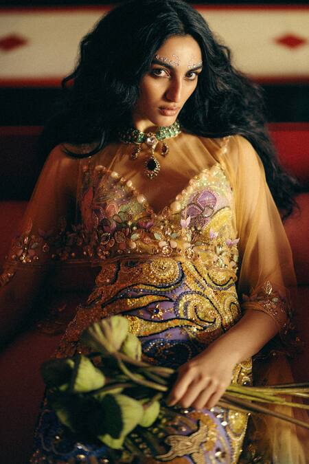 Buy_Papa Dont Preach_Multi Color Tulle Embroidery, Beads, She Wore The Universe Hand Gown And Cape _Online_at_Aza_Fashions