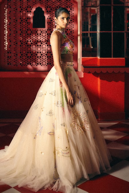 Buy Papa Dont Preach Ivory Tulle Sequins, Embroidery, Dancing With Moons Hand Lehenga And Blouse Set Online at Aza Fashions Buy_Papa Dont Preach_Ivory Tulle Sequins, Embroidery, Dancing With Moons Hand Lehenga And Blouse Set _Online_at_Aza_Fashions