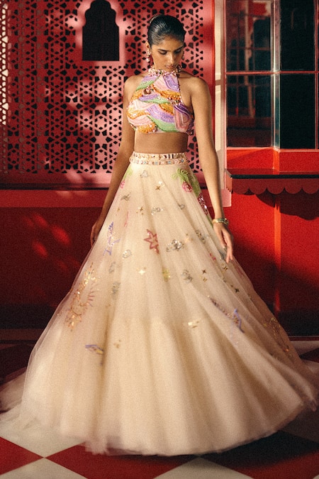 Papa Dont Preach Dancing With Moons Hand Embroidered Tulle Lehenga & Blouse Set 