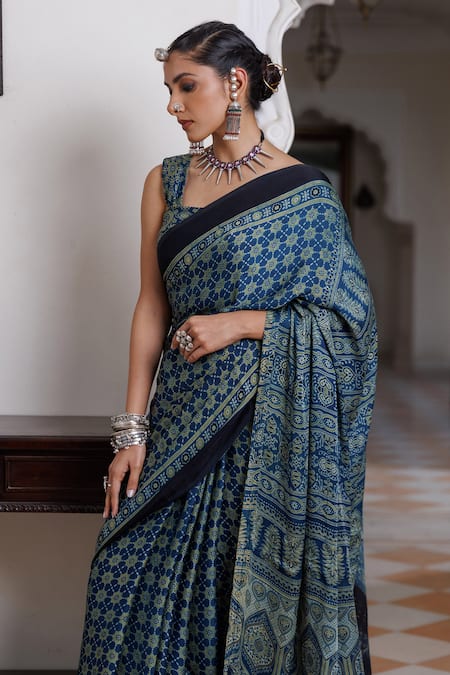 Geroo Jaipur_Blue Modal, Silk Zari Block Printed Saree With Unstitched Blouse Piece _at_Aza_Fashions