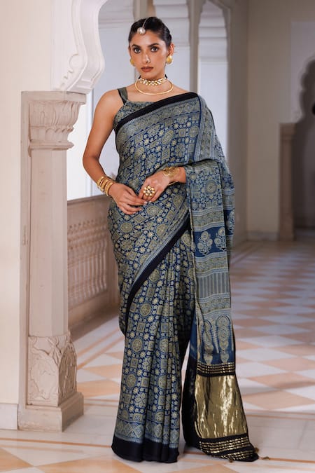 Geroo Jaipur Block Printed Saree With Unstitched Blouse Piece 