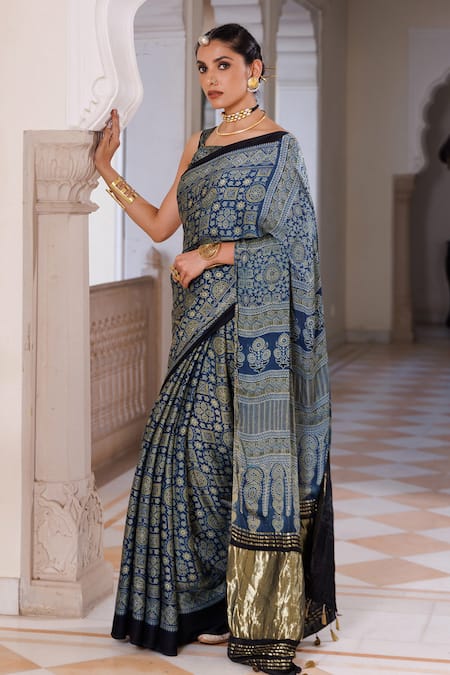 Geroo Jaipur_Blue Modal, Silk Zari, Tassels Block Printed Saree With Unstitched Blouse Piece _Online_at_Aza_Fashions