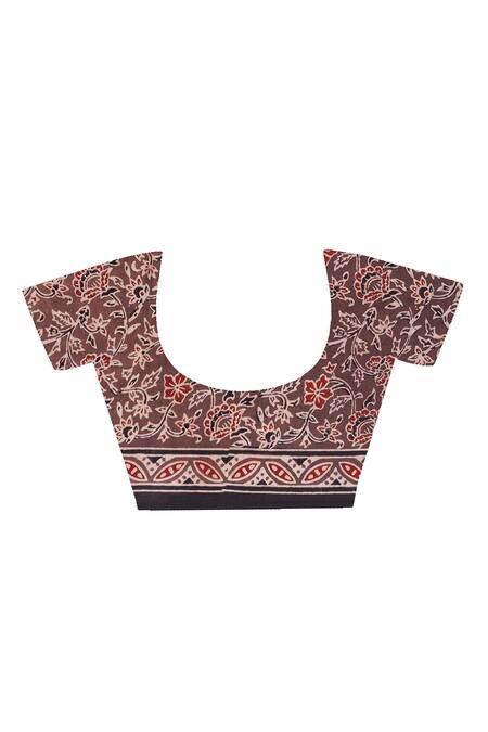 Shop_Geroo Jaipur_Brown Modal Zari Block Printed Saree With Unstitched Blouse Piece _Online_at_Aza_Fashions