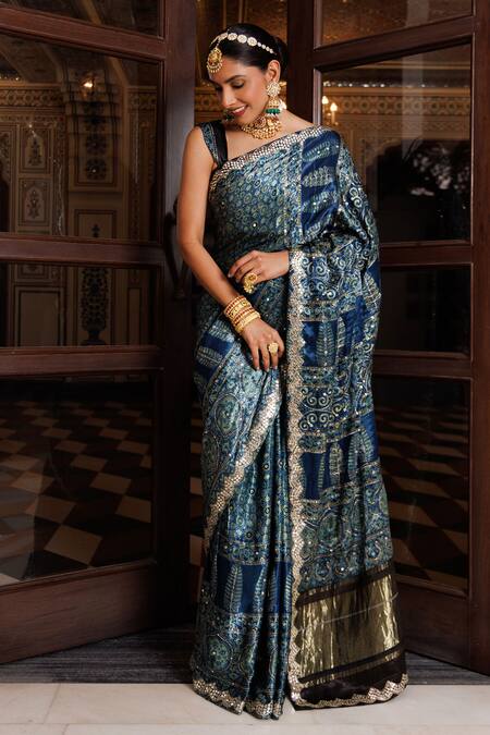 Geroo Jaipur_Blue Modal, Silk Sequins, Mandala Pattern Saree With Unstitched Blouse Piece _Online_at_Aza_Fashions