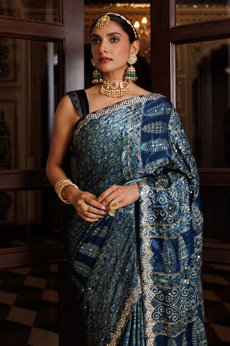 Shop_Geroo Jaipur_Blue Modal, Silk Sequins, Mandala Pattern Saree With Unstitched Blouse Piece _Online_at_Aza_Fashions