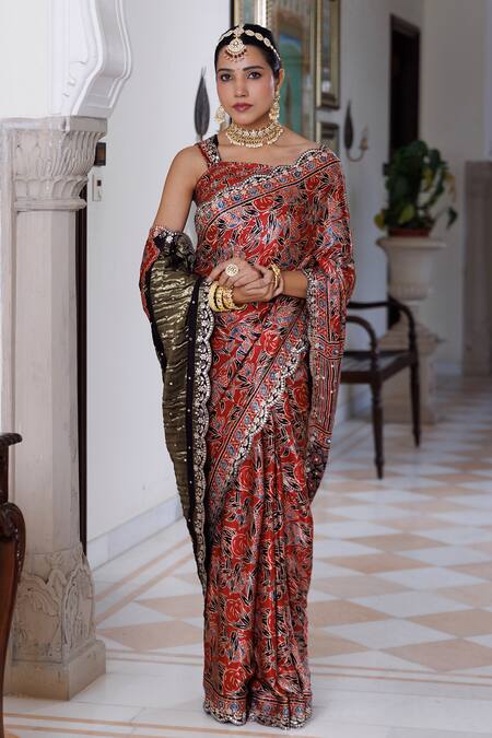 Geroo Jaipur_Maroon Modal, Silk Sequins, Aari Work Saree With Unstitched Blouse Piece _at_Aza_Fashions