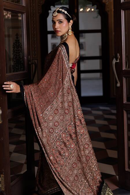 Shop_Geroo Jaipur_Maroon Modal, Silk Sequins, Geometric Printed Saree With Unstitched Blouse Piece _Online_at_Aza_Fashions
