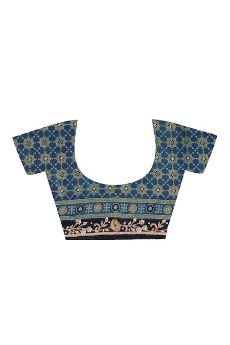 Geroo Jaipur_Blue Modal, Silk Zari, Embroidery, Printed Saree With Unstitched Blouse Piece _Online_at_Aza_Fashions