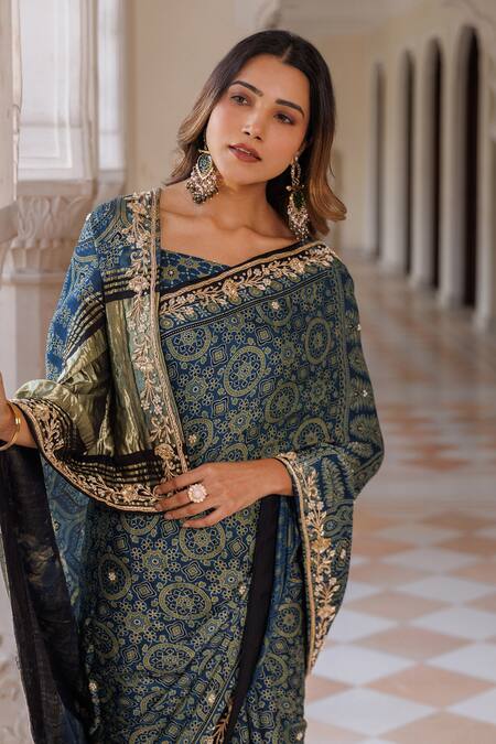 Shop_Geroo Jaipur_Blue Modal, Silk Zari, Embroidery, Printed Saree With Unstitched Blouse Piece _Online_at_Aza_Fashions